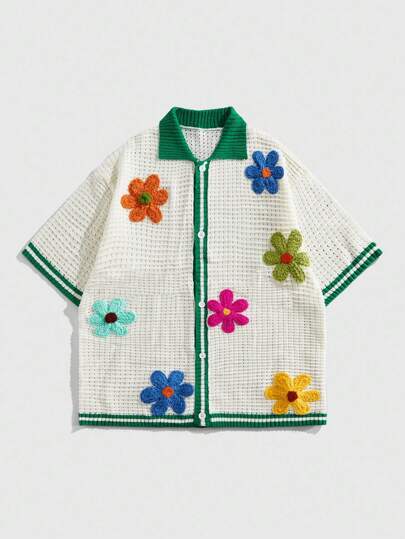 Street Life Cárdigan de manga corta con decoración floral y ribete de contraste para hombre