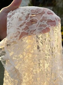 SHEIN EZwear 大码女式蕾丝边长款优雅 A 字裙 - 米色 - 查看 5