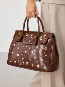 SHECARRY 女士手提包，手提包，时尚，优雅，简约，个性，百搭，经典，金银铆钉，适合通勤、办公、约会、日常、购物、下午茶 - 棕色 - 查看 1