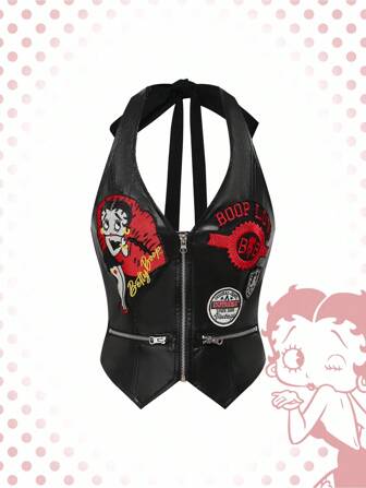 Betty Boop | ROMWE Plus Size Women's Kpop Motorcycle Betty Sexy Embroidered Zipper PU Leather Halter Top