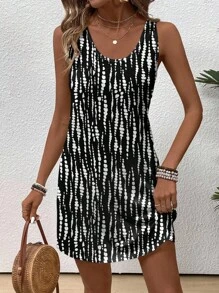 EMERY ROSE 休闲复古黑白扎染图案圆领短款背心裙，波西米亚风，波西米亚风格，适合秋季、夏季度假、音乐节、乡村、海滨