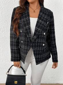 EMERY ROSE Blazer elegante de tweed con botones de metal para mujer talla grande, chaqueta de oficina elegante para otoño/invierno - Negro - Ver 4