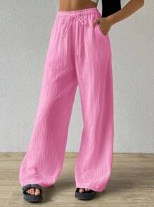 SHEIN EZwear Summer Solid Color Textured Crinkle Fabric Loose Drawstring Tie Waist Pure Cotton Casual Vacation Wide Leg Pants, Plus Size,Holiday Outfits For Women