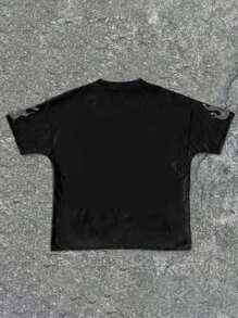 SHEIN 兒童青少年男孩休閒極簡風夏季新品 自由女神像水鑽圖案嘻哈風酷英文字母紮染短袖圓領T恤 - 灰色 - 查看 3