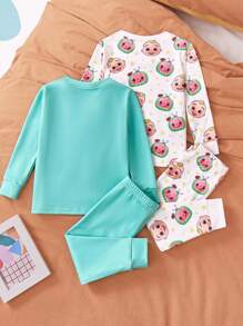 CoComelon X SHEIN 2pcs/Set Baby Boy Cartoon Figure Graphic Rib-Knit Top & Pants Snug Fit Pajamas, Autumn/Winter Fall