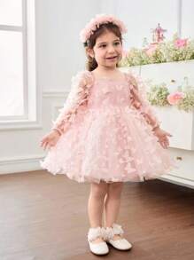 SHEIN 女婴 3D 蝴蝶结编织公主袖连衣裙，适合聚会、派对、郊游等场合