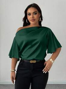 Maweii Camisa verde elegante, casual y cómoda para mujer de talla grande con hombro asimétrico, volantes y manga corta, adecuada para primavera, verano y otoño - Verde - Ver 5