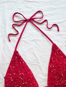 Soleia 女士性感深 V 领露背系带双荷叶边下摆亮片迷你连衣裙，适合圣诞节、约会之夜、夜总会、海滩、游轮、下午茶、波西米亚风、波西米亚风、度假 - 紅色 - 查看 7