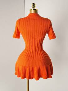 Mistrie Women's Knit Pearl Button Ribbed Orange Pleated Mini Dress, Short Sleeve Sexy Bodycon Minimalist Sweater Dress - Orange - View 2