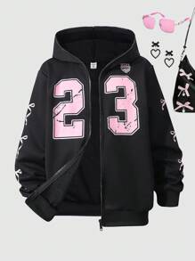 SHEIN Tween Girls' Sweet & Casual Distressed Butterfly Print Hooded Zip-Up Sweatshirt, Spring/Autumn Fall Winter - Black - View 1