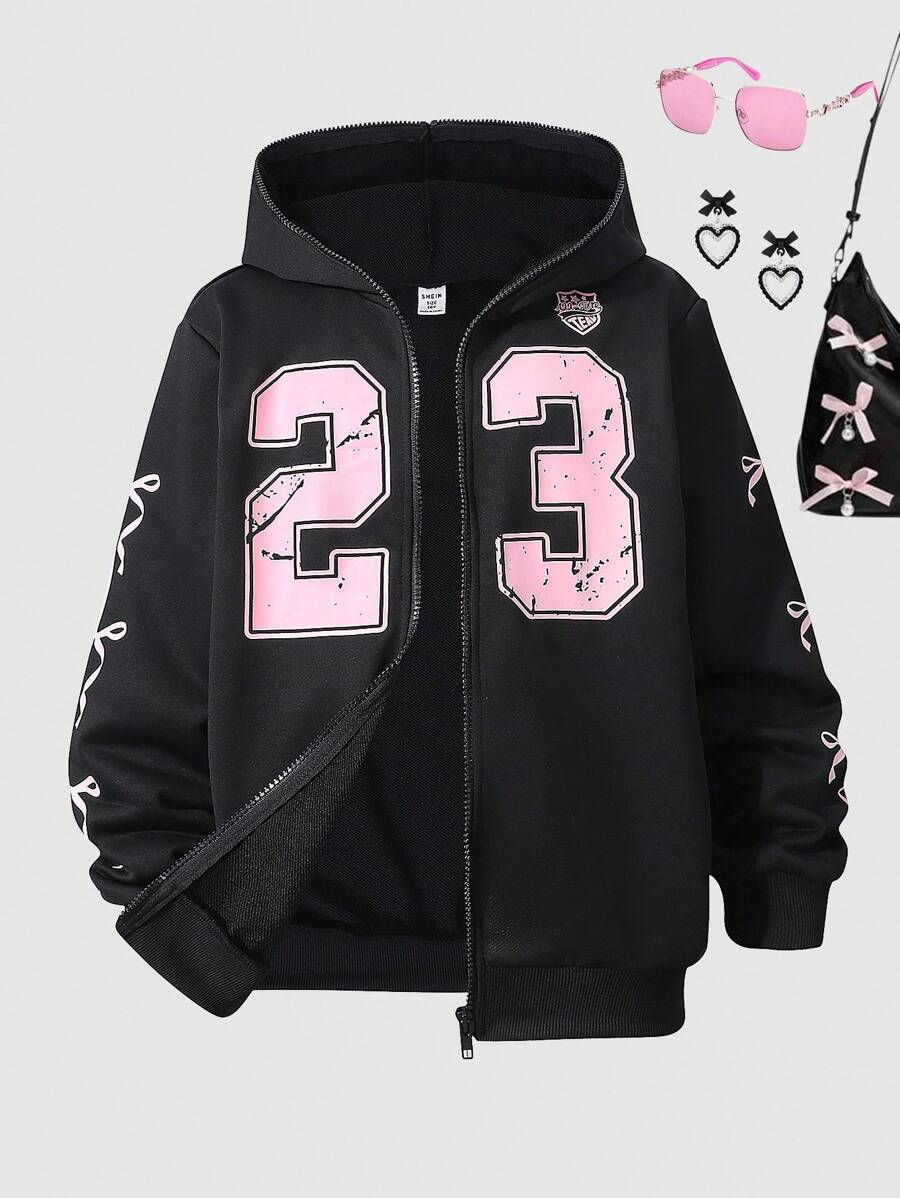 SHEIN Tween Girls' Sweet & Casual Distressed Butterfly Print Hooded Zip-Up Sweatshirt, Spring/Autumn Fall Winter - Black - View 1