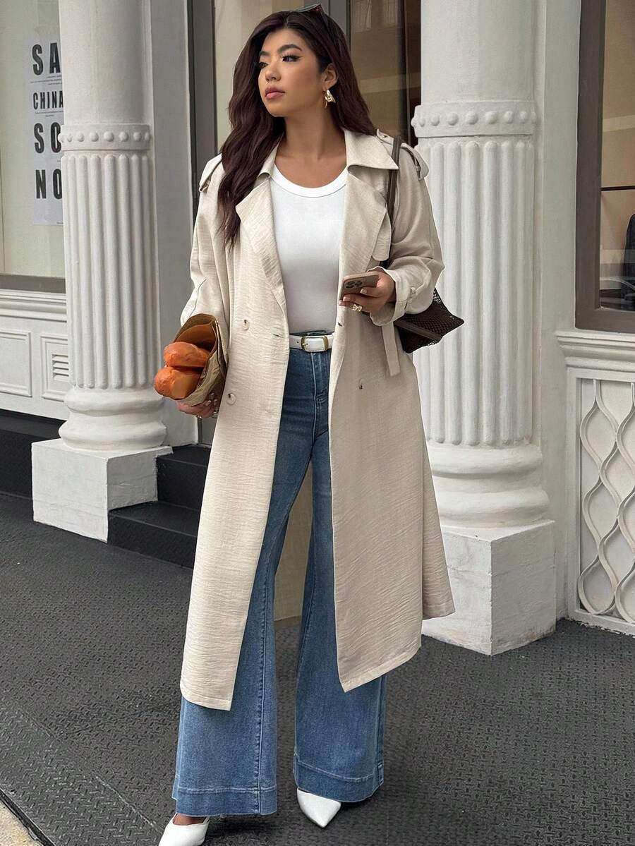 SHEIN LUNE Plus Size Women's Autumn Double-Breasted Belted Lapel Long Sleeve Windbreaker Fall Winter Cloth For Women