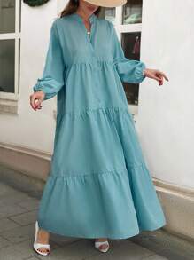 Vestido casual de manga larga con cuello calado y dobladillo con volantes de unicolor - verde menta - Ver 3