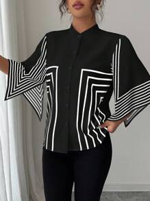 Elenzga Stand Collar Digital Printed Geometric Lines Pattern, Asymmetrical Sleeve French Elegant Blouse, Suitable For Spring/Summer Vacation - Black - View 3