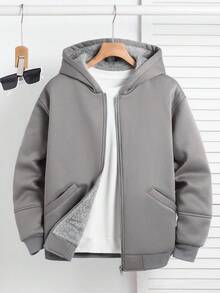 SHEIN Teen Boys' Gray Fluffy Lined Simple Silhouette Jacket, Casual Collegiate Style, Comfortable & Fashionable, Versatile & Practical, Soft Fabric, Suitable For Daily Wear, School, Outings, Outdoor Activities, Teen Boys Grey Hoodies Teen Boys Thermal Lined Hoodie Grey Hooded Jacket Teens Teen Boys Gray Hoodie Jacket Boys Gray Zip Up Hoodie Gray Jacket For Teens Boys Winter Hoodie Teen Hoodies Boys Zipper Jackets Hoodie With Pockets Boys Jackets For Teen Boys Jogging Plush Puffer Grey Gray Jacket Teen - Grey - View 5