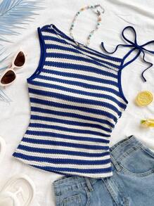 Soleia Women's Vacation Red & White Striped Knit Asymmetrical Neck Fitted Top, Suitable For Party, Christmas, Date, Beach, Cruise, Carnival, Summer Striped Tank Top Striped Summer Top Summer Tops Women Blue And White Striped Top Knit Tank Top