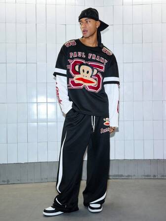Paul Frank X ROMWE Men's Casual Colorblock Letter & Monkey Print Top And Pants Set