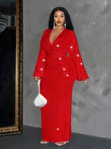 Maweii Đầm maxi dự tiệc cỡ lớn dành cho nữ, gợi cảm, cổ chữ V sâu, tay phồng, đính sequin, màu đỏ. - Đỏ - Xem 4