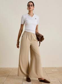 INAWLY Women's Embroidered Elastic Waist Loose Casual Pants Fall Cloth For Women - Khaki - View 5