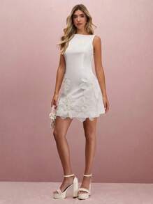 Enchnt Fall/Winter Romantic Women's White 3D Embroidered Faux Pearl Flowers Decor Sleeveless Cute Mini Dress,Sweet&Elegant For Vacation&Date&Holiday&Birthday&Party&Graduation&Wedding Guest&Office&Going Out,Prom Dress,Autumn Dresses For Women,Fall Clothes,Autumn Outfits For Women,Back To School