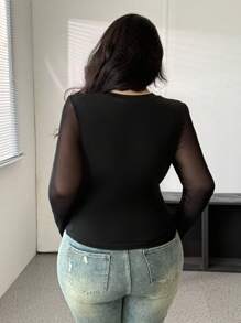 Vibekara 大码女式浪漫透明网眼拼接低胸长袖修身 T 恤，适合日常穿着、夜店、返校、夜间外出、度假、正式晚宴、返校派对、单身派对 - 黑色 - 查看 3