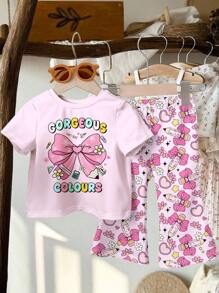 SHEIN 2pcs Cute Floral & Bow Print Casual Cartoon Pattern Round Neck Short Sleeve Top And Flare Pants Set, Suitable For Summer, Back To School Outfit, 2000s/Y2K/Korean Style