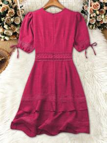 Breezaya 女式夏季纯色蕾丝V领泡泡袖休闲连衣裙