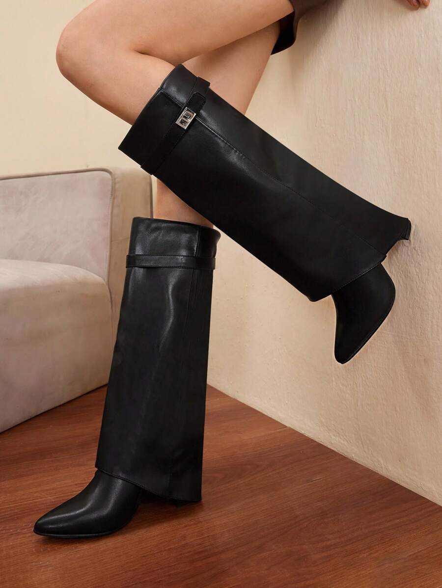 女士时尚黑色过膝靴 - 黑色 - 查看 1