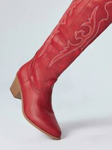 ROMWE 女式牛仔靴套脚酒红色精致刺绣西部靴，皮革户外休闲过膝马靴 - 酒紅色 - 查看 3