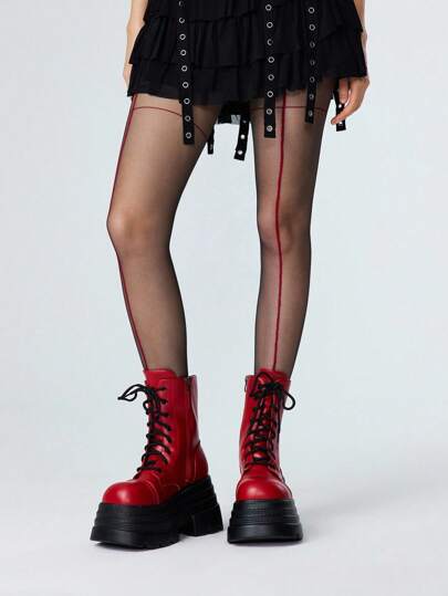 Grunge Punk Women's Multi-Layer Platform Round Toe Dark Punk PU Black Mid-Calf Boots, Suitable For Daily, Street, Punk, Campus Wear
