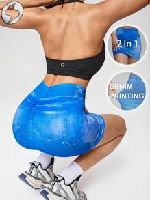 Innovista 印花女式无缝扎染运动二合一网球裙内置短裤效果印花提臀运动复古健身短裙弹力健身裤运动服透气秋季运动迷你紧身Y2K风格日常休闲运动服办公健身塑身衣HIIT训练舒适运动有氧运动桨板匹克球高尔夫交叉健身健康TT病毒式IG Reels节日准备实用时尚，蓝色调印花 - 藍色 - 查看 1