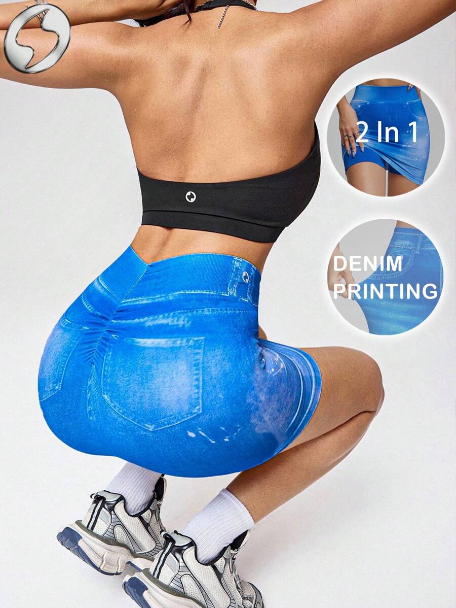 Innovista 印花女式无缝扎染运动二合一网球裙内置短裤效果印花提臀运动复古健身短裙弹力健身裤运动服透气秋季运动迷你紧身Y2K风格日常休闲运动服办公健身塑身衣HIIT训练舒适运动有氧运动桨板匹克球高尔夫交叉健身健康TT病毒式IG Reels节日准备实用时尚，蓝色调印花 - 藍色 - 查看 1