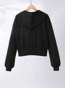 Sparklyn Teen Girl Sweet & Spicy Style Butterfly Print Short Zip-Up Hoodie, Spring/Autumn Fall Winter - Black - View 2