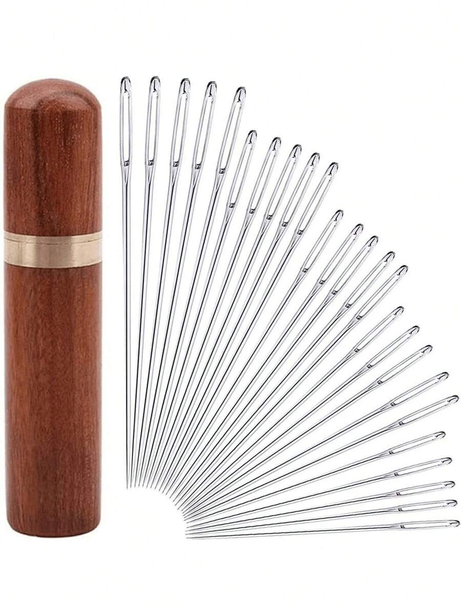 SHEIN 1 Set/2 Sets 25 Stück große Nähnadeln für die Handarbeit - Kreuzstich, Leder & Stickerei Nadeln mit Holz Nadelkästchen für einfache Aufbewahrung