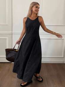 DAZY 女士休闲圆领无袖宽松牛仔连衣裙，春夏 - 黑色 - 查看 5