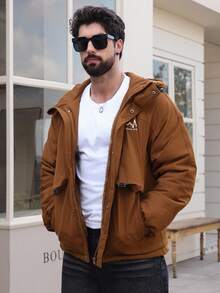 DAZY 男士厚棉衣，字母图案印花，连帽设计，大口袋，冬季夹克 - 棕色 - 查看 5