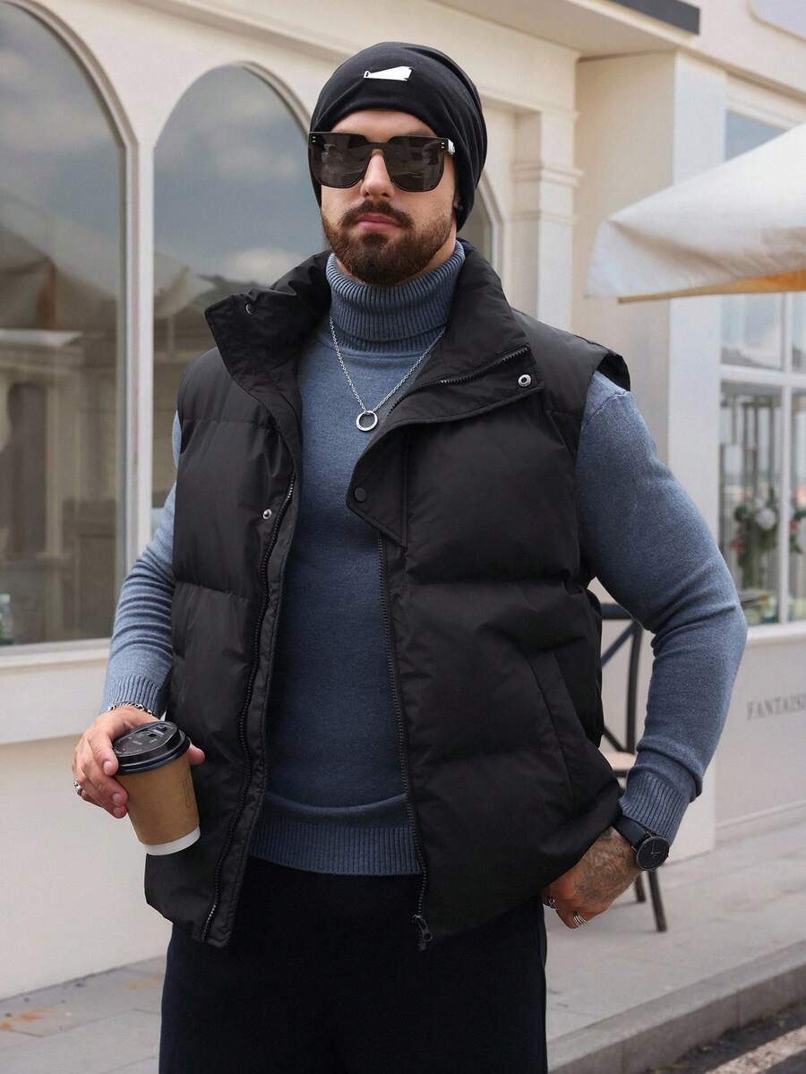 DAZY Men's Solid Color Thermal Thickened Black High Collar Vest Jacket, Winter - Black - View 1