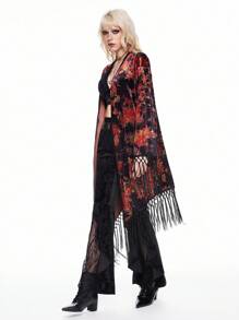 ROMWE Women Casual Vintage Floral Pattern Tassel Decor Hippie Cover Up, Long Sleeve
