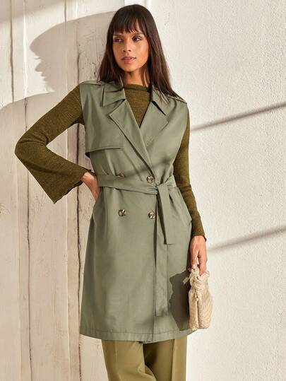 CLARA VERO Lightweight Tie Front Sleveless Trench Coat, Trench Vest