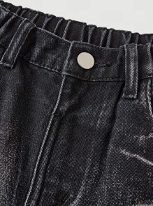 Y2K Tween Girls' Wide Leg Low Waist Jeans, Comfortable Elastic Waistband, No Zipper For Easy Wear, Back Pocket With Rhinestone Cross Pattern, Vintage Rockstar Street Style Essential For Halloween & Christmas - Black - View 3