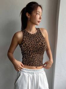 DAZY 女式圆领无袖休闲豹纹修身短款上衣 Y2k 背心 - 棕色 - 查看 3