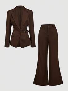 SHEIN MOD Bộ vest nữ đơn giản cổ khoét, eo thắt và quần ống loe, Bộ vest nữ, Bộ đồ hai mảnh màu nâu dành cho nữ, Quần ống loe cho mùa thu/đông - màu nâu - Xem 2