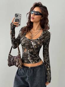 Coolane Women's Fall/Winter Streetwear Going Out Y2K Streetwear Tree Branch Pattern Graphics Bustier Long Sleeve V-Neck T-Shirt - Multicolor - View 4