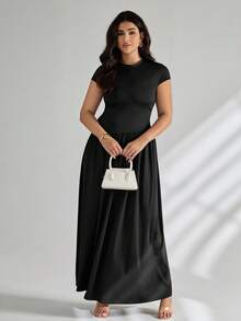 SHEIN Tall CURVE 大码女式纯色立领飘袖褶皱优雅连衣裙 - 黑色 - 查看 6