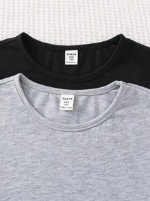 SHEIN 4 件套青少年男孩春夏睡衣套装 - 灰色和黑色简约纯色 T 恤，搭配柔软宽松的格纹裤，舒适且划算的多件套睡衣套装 - 黑色 - 查看 8