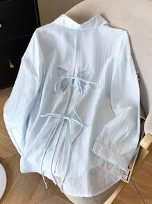 INAWLY Women's Casual Commuting Loose Fit Long Sleeve Shirt With Embroidered Butterfly Back Tie, Light Blue, Spring/Autumn