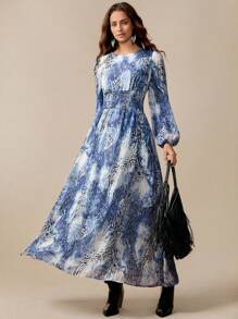 Florisole 波西米亚风女式花卉印花灯笼袖连衣裙 - 藍色 - 查看 4