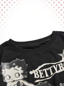 Betty Boop | ROMWE Camiseta de manga corta de cuello redondo con estampado de dibujos animados, de talla grande y estilo casual de verano - Negro - Ver 3