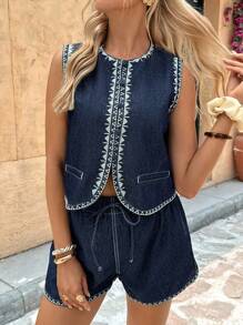 SHEIN Maternity Vacation Casual Geometric Embroidery Vest & Denim Shorts 2 Pieces Set, Spring/Autumn - Blue - View 1
