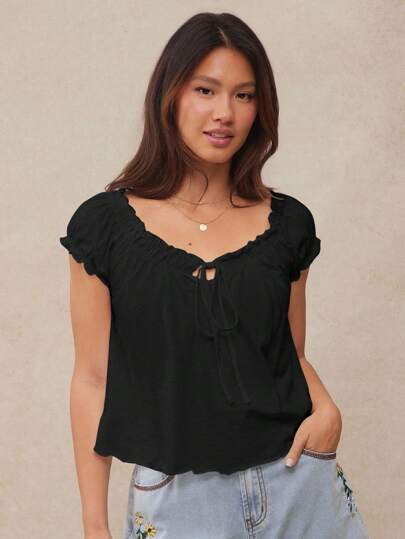 WESTFADE Top a balze con scollo a cuore, maniche corte a palloncino e fiocco frontale, in maglia slub, casual e carino, adatto per l'estate e le vacanze